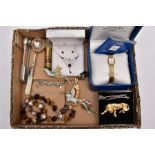 A BOX OF ASSORTED ITEMS, to include a ladies boxed 'Rotary' wristwatch (needs battery), a white