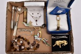 A BOX OF ASSORTED ITEMS, to include a ladies boxed 'Rotary' wristwatch (needs battery), a white