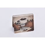 A WHITE METAL JAPANESE STYLE BOX, hinged square box, depicting a tri-coloured oriental river and