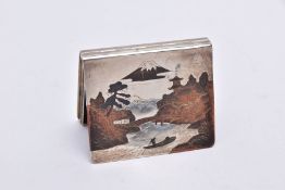 A WHITE METAL JAPANESE STYLE BOX, hinged square box, depicting a tri-coloured oriental river and