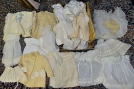 A BOX OF VINTAGE BABY AND TODDLERS CLOTHING ETC, mostly white and cream in colour, to include