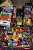 A QUANTITY OF ASSORTED TOYS AND GAMES, to include modern Action Man figures, Transformers, battery