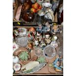 TWO BOXES CERAMICS, GLASS, METALWARES, ETC, to include Wade trinkets, various soldier figures, a