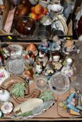 TWO BOXES CERAMICS, GLASS, METALWARES, ETC, to include Wade trinkets, various soldier figures, a