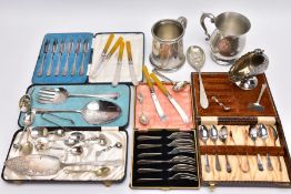 A BOX OF WHITE METAL WARE, to include a pewter hammer effect tankard, with a scroll handle, a bell