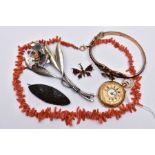 A BAG OF ASSORTED JEWELLERY, to include a ladies half hunter pocket watch, white dial, roman