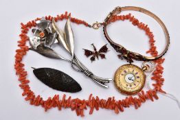 A BAG OF ASSORTED JEWELLERY, to include a ladies half hunter pocket watch, white dial, roman