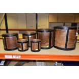 SIX BENTWOOD CORN MEASURES WITH IRON BANDING, sizes are half bushell, peck, gallon (x2) and quart (