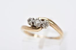 A 9CT GOLD THREE STONE DIAMOND RING, designed with three graduated round brilliant cut diamonds,