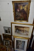 PAINTINGS AND PRINTS, ETC, to include an unsigned oil on canvas depicting a sleeping night watchman,