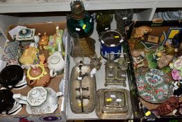 TWO BOXES AND LOOSE OF CERAMICS, GLASS AND METALWARE, including a Chinese Famille rose bowl,(chip