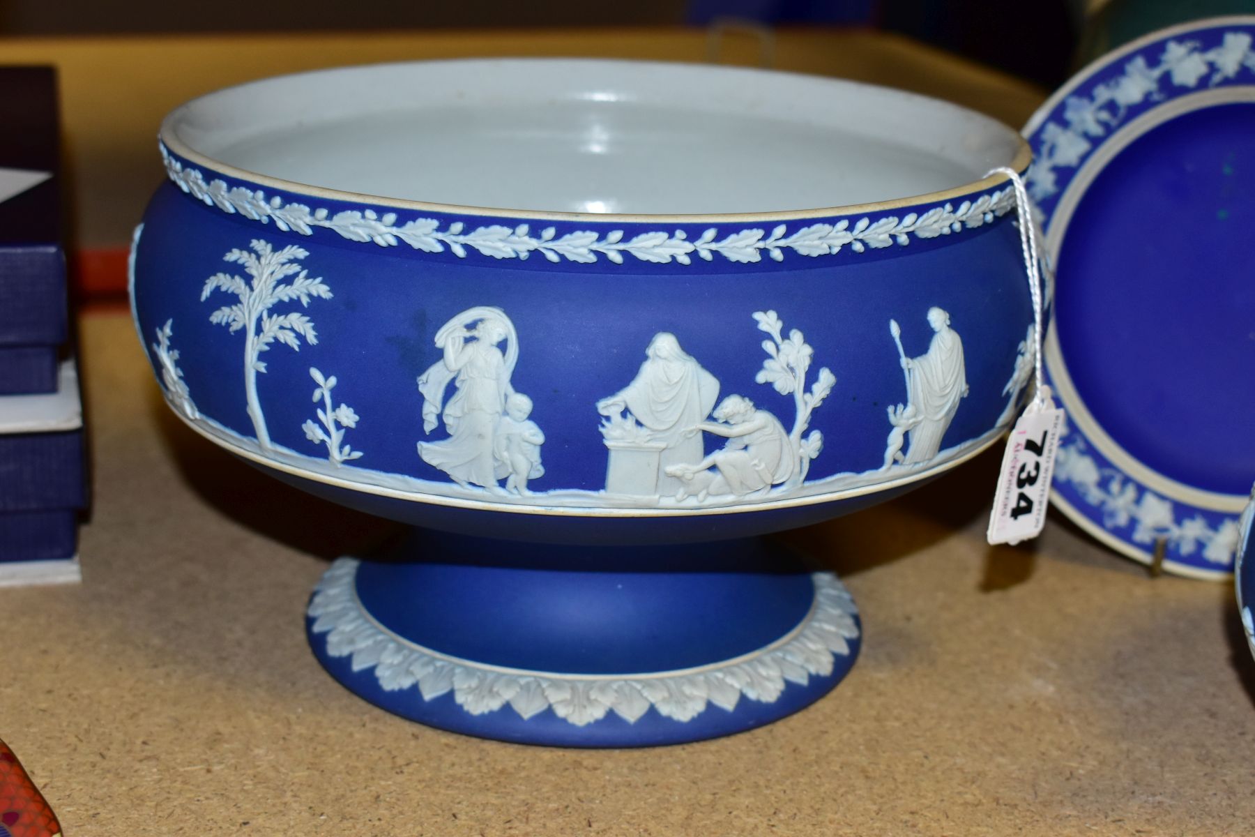 THREE PIECES OF WEDGWOOD BLUE JASPERWARE, comprising a pedestal fruit bowl, the applied decoration - Image 5 of 9