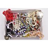 A TRAY OF ASSORTED SEMI-PRECIOUS JEWELLERY, to include a multi stranded red coral branch/polished