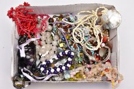 A TRAY OF ASSORTED SEMI-PRECIOUS JEWELLERY, to include a multi stranded red coral branch/polished