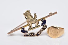 AN 18CT GOLD SIGNET RING AND A YELLOW METAL REGIMENT BADGE, oval signet ring with an engraved