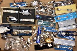 A BOX OF ASSORTED SILVER AND WHITE METAL COLLECTABLE TEASPOONS AND OTHER ITEMS, to include six