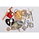 A BOX OF ASSORTED ITEMS, to include costume jewellery such as yellow and white metal necklaces,