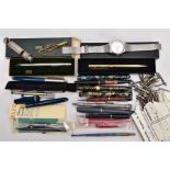 A BOX OF ASSORTED FOUNTAIN AND BALL POINT PENS A 'CITIZEN' WRISTWATCH ETC, to include a boxed 'Cross