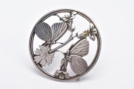 A SILVER GEORG JENSEN BUTTERFLY BROOCH, circular openwork form, by Arno Malinowski 283, signed to