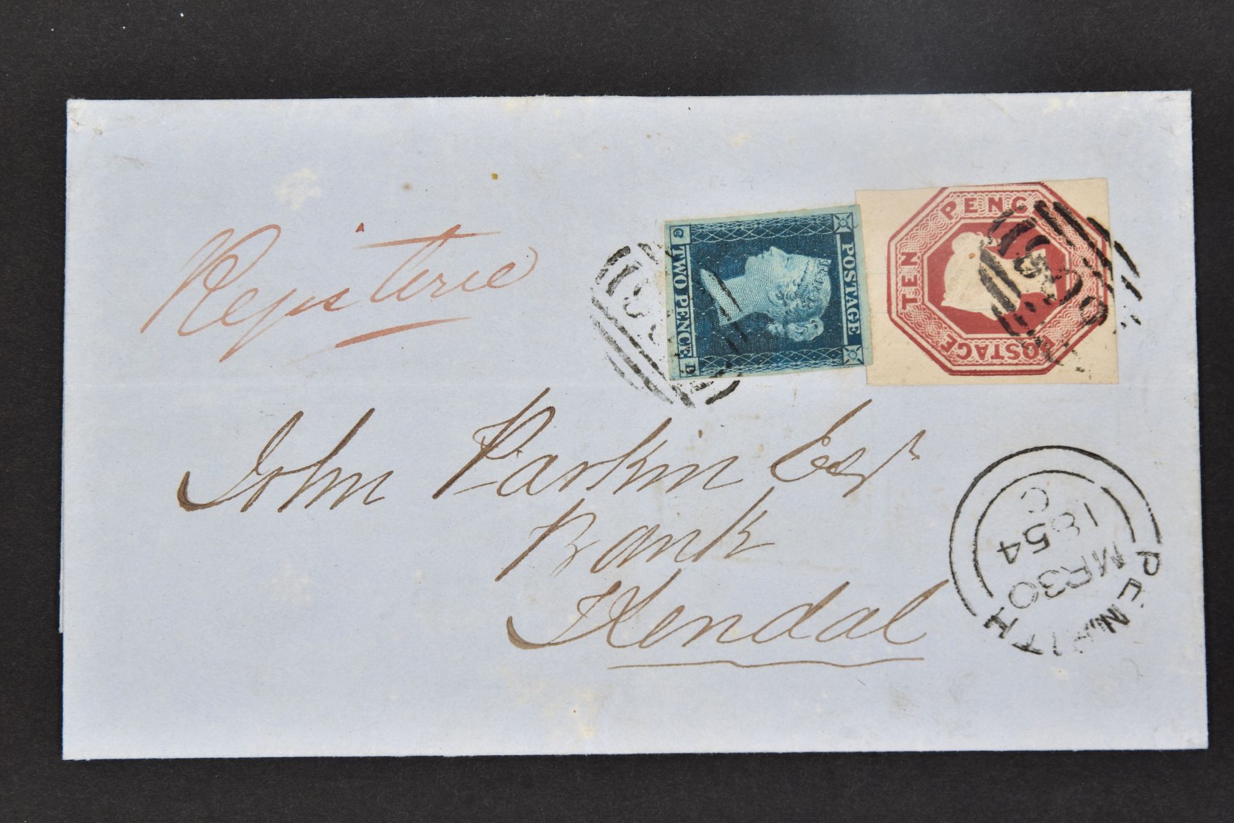 GB 1854 REGISTERED COVER TO KENDAL brg fine 4m 2d Blue and fine 3m 10d embossed, really attractive