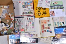 A SMALL BOX WITH A FEW LOOSE STAMPS, six GB 1990's presentation packs and three albums of