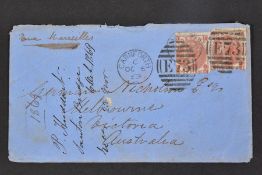 GB 1867 10d X 2 (one defective) ON COVER TO AUSTRALIA