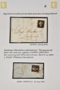 GB 1840 PENNY BLACK EA 4 margins on cover and one other on piece cancelled by manuscript cross at