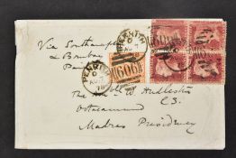 GB 1876 8d ORANGE AND BLOCK OF FOUR PENNY REDS on battered cover to India