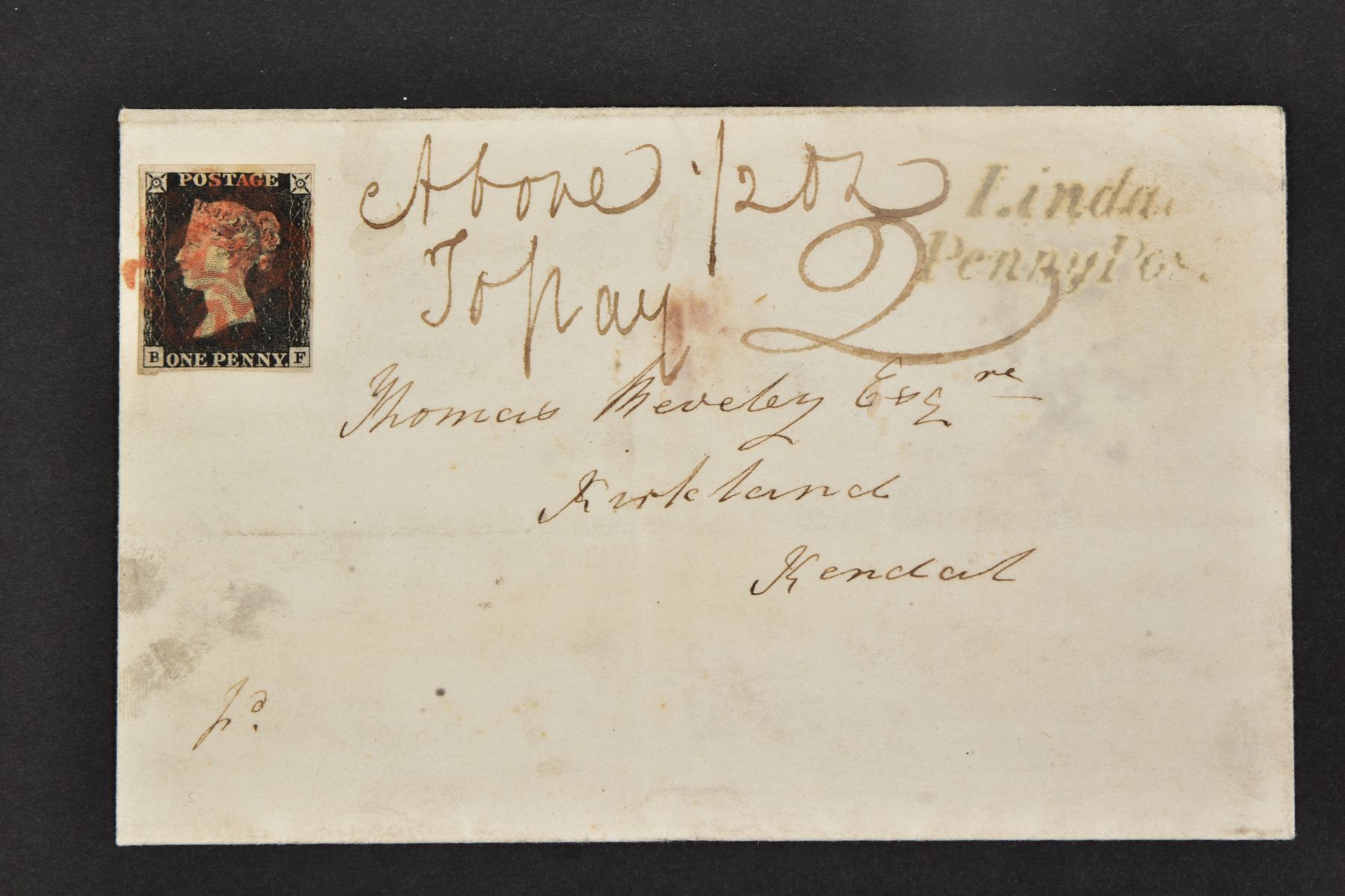 GB 1840 PENNY BLACK on cover plate 4 BF affixed top left, contrary to regulations with M/S