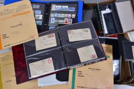 ONE BOX WITH THREE BINDERS OF GERMAN STAMPS on cards plus postal history and complete sets on