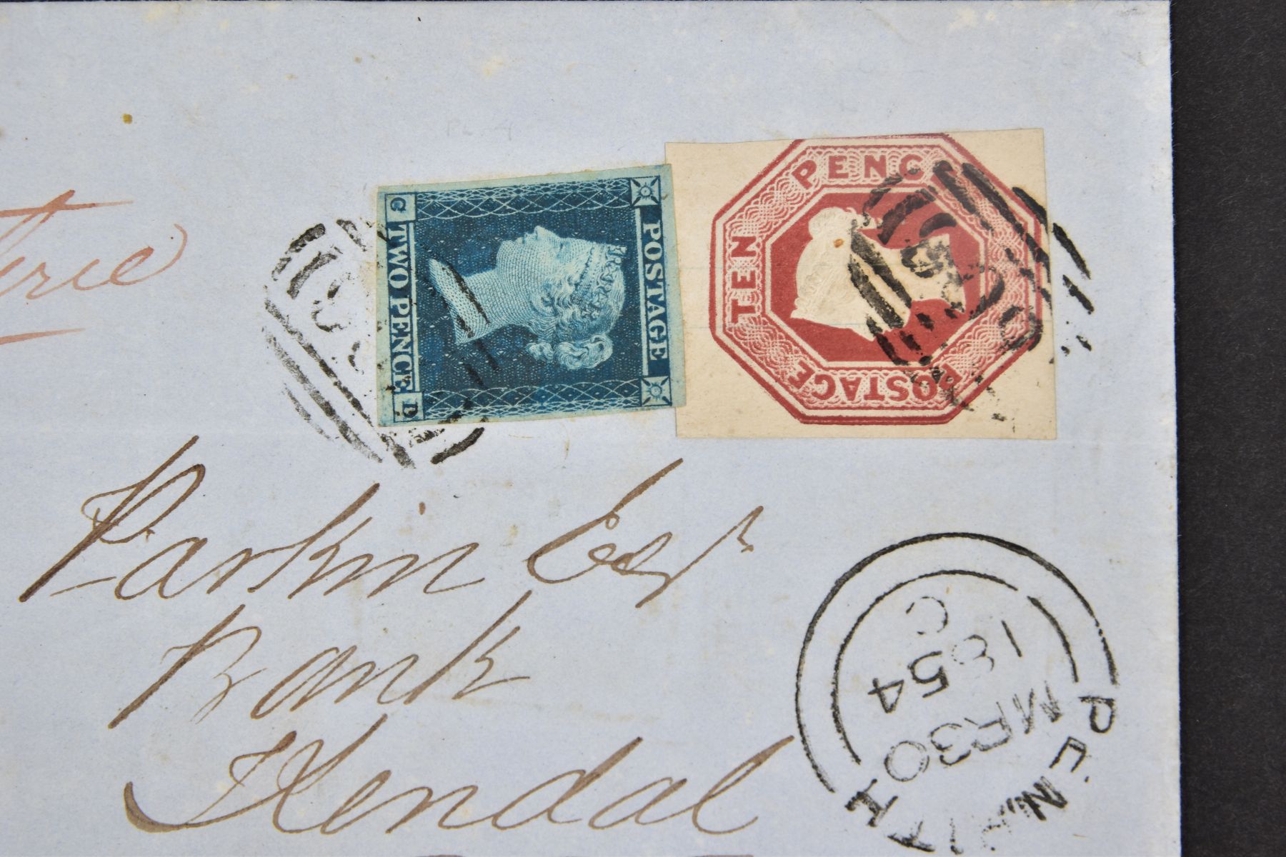 GB 1854 REGISTERED COVER TO KENDAL brg fine 4m 2d Blue and fine 3m 10d embossed, really attractive - Image 2 of 3