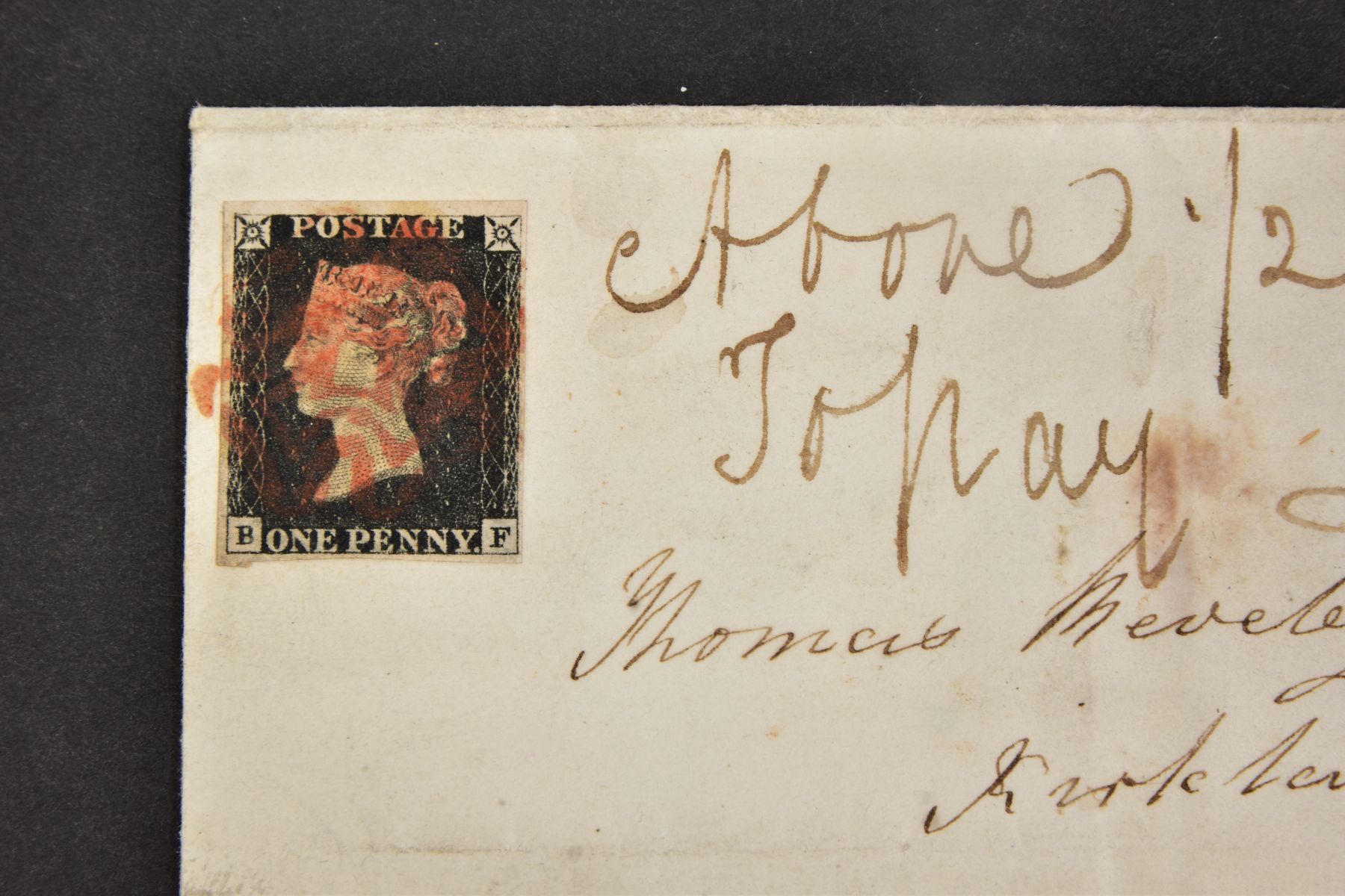 GB 1840 PENNY BLACK on cover plate 4 BF affixed top left, contrary to regulations with M/S - Image 2 of 3