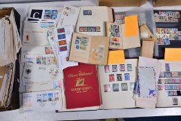 A BOX OF STAMPS AND COVERS contained within five albums and loose, we note a number of Bahrain first