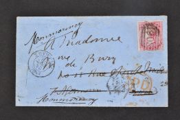 GB 1855 4d CARMINE SMALL GARTER used on cover to France, SG62