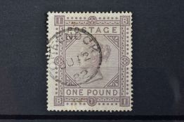 GB 1867 £1 BROWN LILAC WMK Mx, SG 129 fine used by Greenock C.D.S