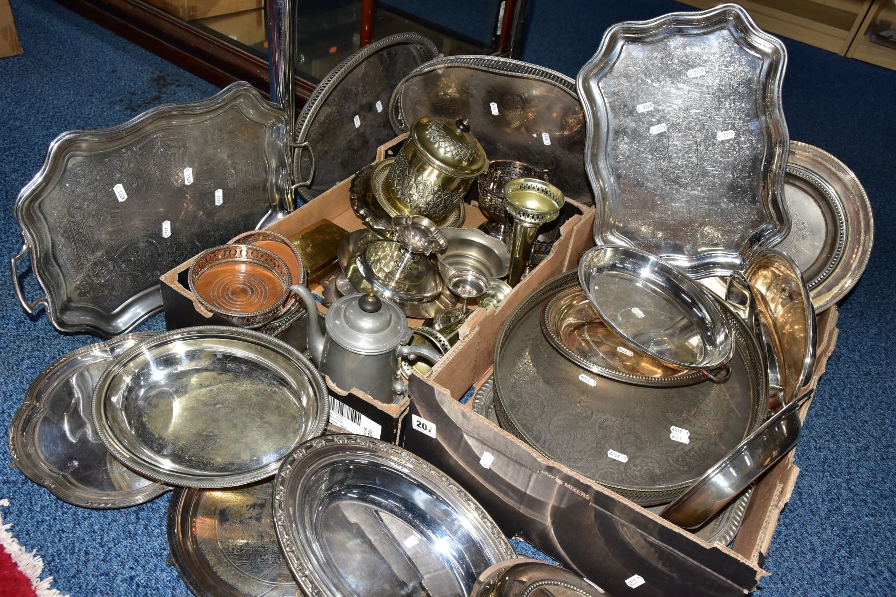 TWO BOXES OF WHITE METAL WARE, to include a box of various sized trays and entree dishes, such as - Image 9 of 9