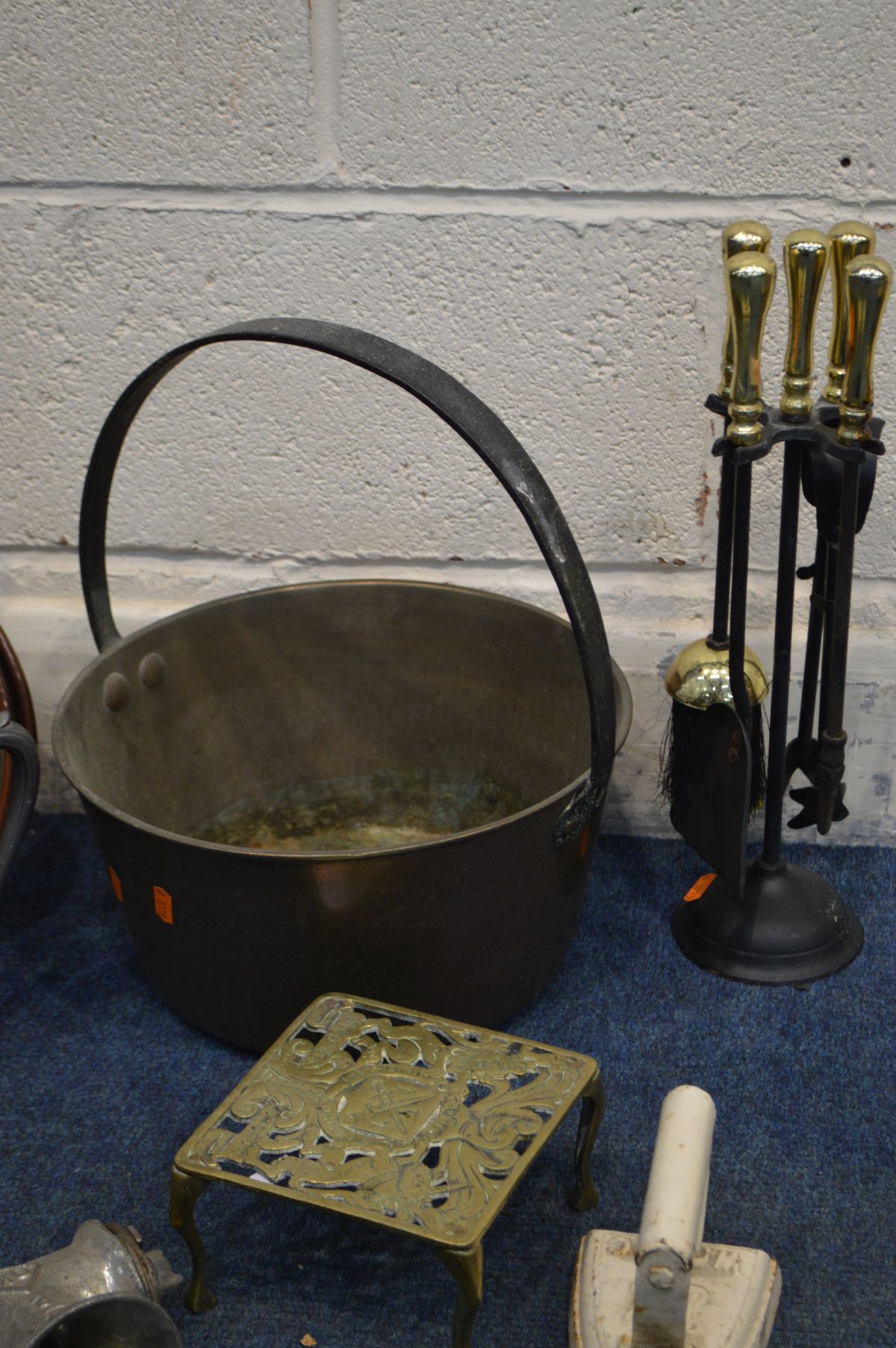 A QUANTITY OF METALWARE, to include a brass jam pan, brass and metal companion set, copper warming - Image 2 of 3