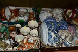 FOUR BOXES AND LOOSE OF MISCELLANEOUS CERAMICS, including Sylvac terrier, two Wade pigs, blue and