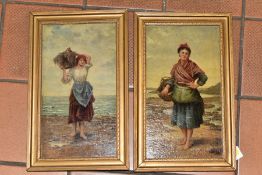 TWO LATE 19TH CENTURY OILS ON BOARD DEPICTING FEMALE FIGURES GATHERING FOOD FROM THE SHORE LINE,