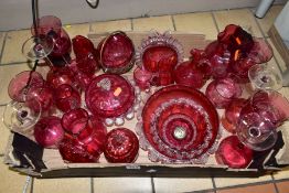 A QUANTITY OF LATE 19TH CENTURY AND MODERN CRANBERRY AND RUBY COLOURED GLASSWARES, to include