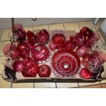 A QUANTITY OF LATE 19TH CENTURY AND MODERN CRANBERRY AND RUBY COLOURED GLASSWARES, to include