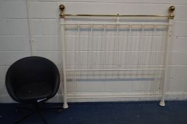 A WHITE PAINTED AND BRASS VICTORIAN STYLE 5FT HEAD BOARD together with a black faux leather swivel
