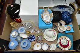 A GROUP OF ORNAMENTS, GIFT WARE, ETC, to include small Royal Worcester 'Enchantment' jug, height