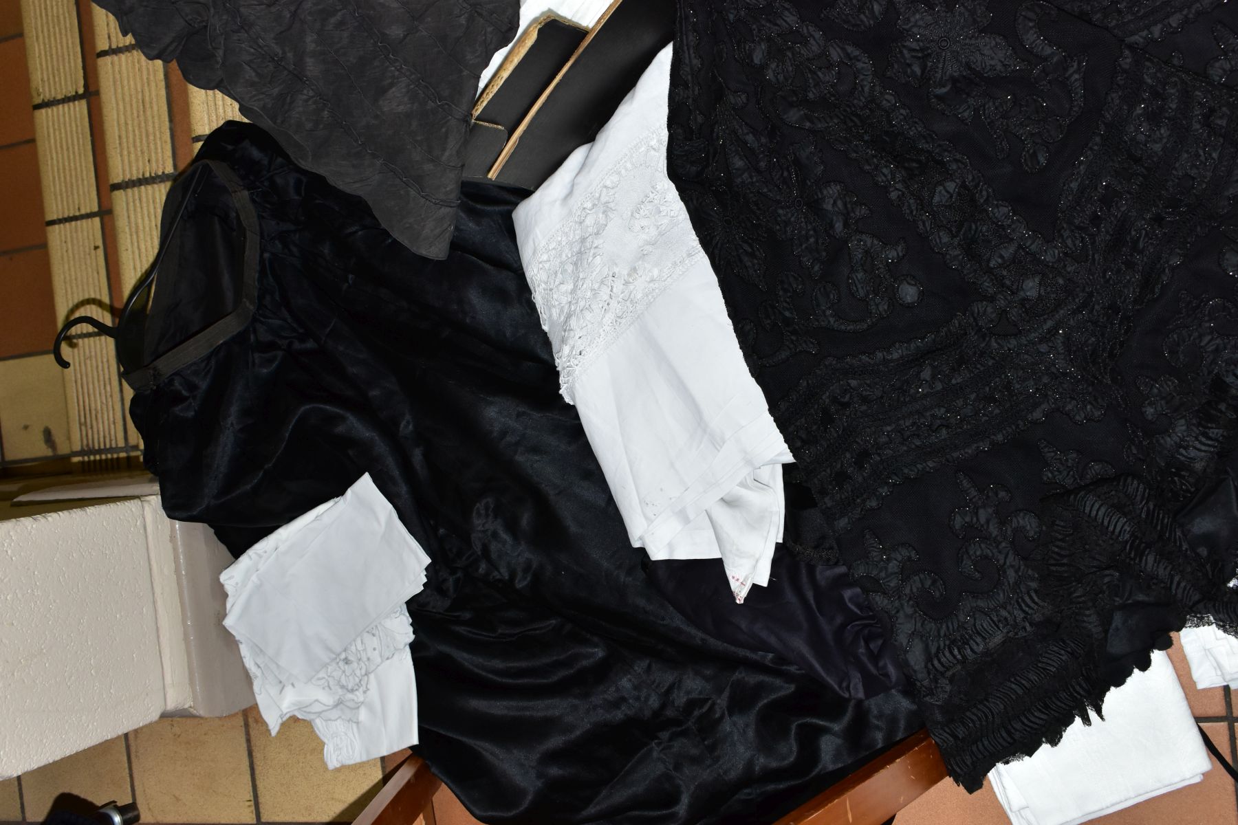 A BOX OF COSTUME AND TEXTILES including a beaded Victorian mourning cape with further mourning wear, - Image 3 of 4