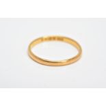 A 22CT GOLD BAND, plain polished design, ring size M ½, hallmarked 22ct Birmingham, approximate