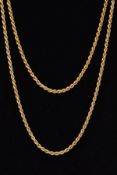 TWO MODERN 9CT GOLD HOLLOW ROPE CHAINS, one measuring 600mm in length, the other 400mm in length,