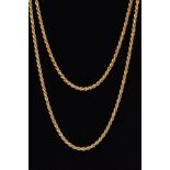 TWO MODERN 9CT GOLD HOLLOW ROPE CHAINS, one measuring 600mm in length, the other 400mm in length,