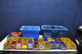 TWO TUBS CONTAINING WORKSHOP STORAGE TRAYS including a large quantity of nuts, bolts and washers