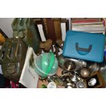 TWO BOXES AND LOOSE SUNDRY ITEMS etc to include two 20 litre jerry cans, modern ovoid chrome oil