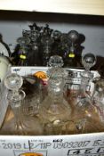 TWO BOXES OF GLASSWARE, to include a Wildmans stainless steel cruet set having cut glass four